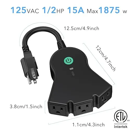 BN-LINK Outdoor Indoor Wireless Remote Control 3-Prong Outlet Weather Proof Heavy Duty 15 AMP Compact (Black) 3 Grounded Outlets with Remote 6-inch Cord 100ft Range ETL Listed