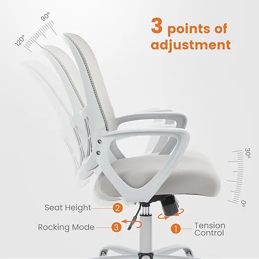 Sweetcrispy Office Computer Desk Managerial Executive Chair, Ergonomic Mid-Back Mesh Rolling Work Swivel Chairs with Wheels, Comfortable Lumbar Support, Comfy Arms for Home,Bedroom,Study,Student,Grey