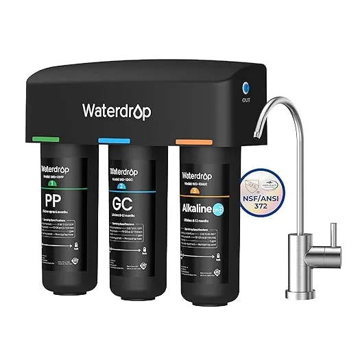 Waterdrop TSB-ALK 8 Layer High Capacity Slightly Alkaline Under Sink Water Filter, Reduces PFAS, PFOA/PFOS, Fluoride, Chlorine, Bad Taste & Odor, with Dedicated Faucet, Under Sink Water Filter