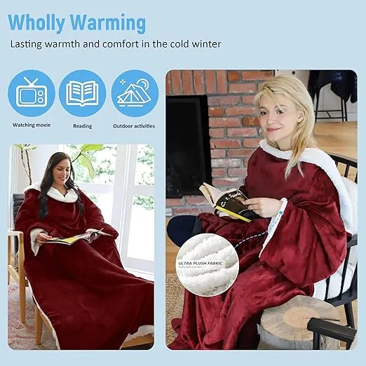 Catalonia Sherpa Wearable Blanket with Sleeves Arms, Super Soft Snuggly Body Blanket for Adult Women and Men, Portable, Gift for Her