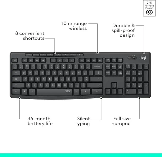 Logitech MK295 Wireless Mouse & Keyboard Combo with SilentTouch Technology, Full Numpad, Advanced Optical Tracking, Lag-Free Wireless, 90% Less Noise - Graphite