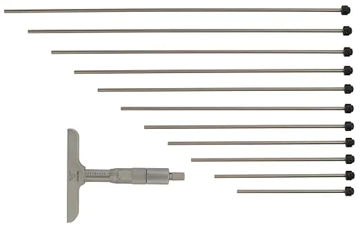 Mitutoyo 129-150 Vernier Depth Gauge, Interchangeable Rods, Micrometer Type, 0-12" Range, 0.001" Graduation, +/-0.00024" Accuracy, 2.5" x 0.63" Base, 12 Rods