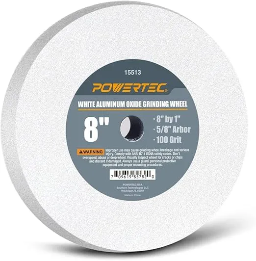 POWERTEC Bench Grinder Wheel 8 Inch 100 Grit, White Aluminum Oxide Grinding Wheel for Bench Pedestal Grinder, 1" Thick 5/8" Arbor, Sharpening & Shaping Drill Bits, Blade, and Chisel 1PK (15513)