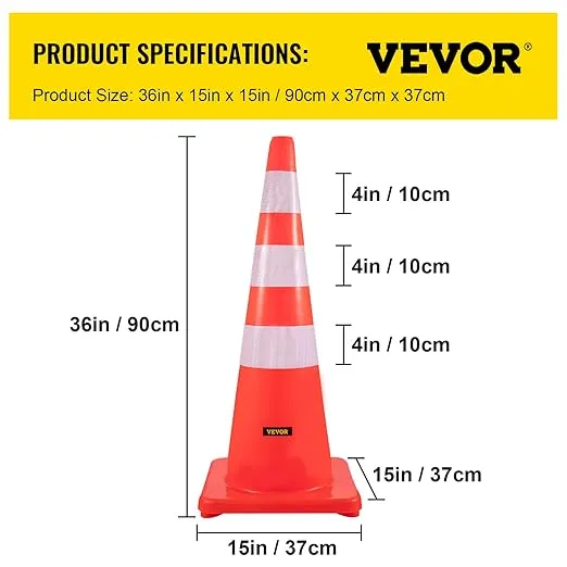 VEVOR Safety Cones, 6 x 36" Traffic Cones, PVC Orange Construction Cones, Reflective Collars Traffic Cones with Weighted Base Used for Traffic Control, Driveway Road Parking and School Improvement