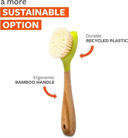 Full Circle Be Good Bamboo Handle Dish Brush – Sustainable Kitchen Cleaning with Tough Bristles - Natural Dish Scrubber & Cast Iron Cleaner - Long Handle Brush for Dishes, Pots, and Pans, Green