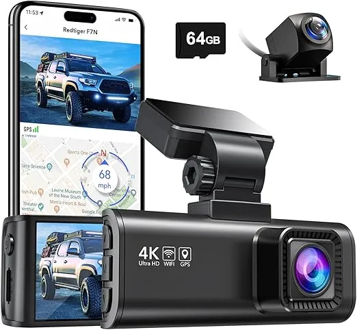 REDTIGER F7N 4K Dual Dash Cam with 64GB Card, Built-in WiFi GPS Front 4K/2.5K and Rear 1080P Dual Dash Camera for Cars,3.18 inch Screen,170° Wide Angle, Parking Monitor, Support 256GB Max