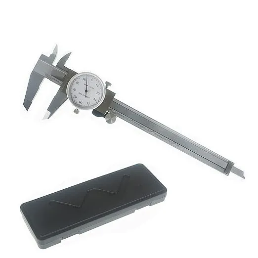 6 Inch 0.001 Precision Dial Caliper Stainless Steel Shockproof 4-Way Measurement with Plastic Case, Good Caliper Measuring Tool