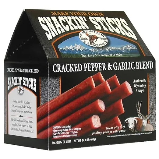 Hi Mountain ǀ Snack Stick Seasoning Kit ǀ CRACKED PEPPER & GARLIC BLEND ǀ Includes Seasoning, Cure, Casings, & Directions ǀ Seasons up to 20lbs of Meat ǀ Beef, Pork, Venison, Deer, & Wild Game