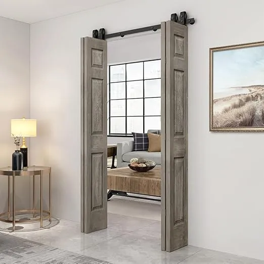 48 in. x 84 in. Hollow Core Vintage Gray Stain 6 Panel MDF Double Bi-Fold Barn Door with Sliding Hardware Kit
