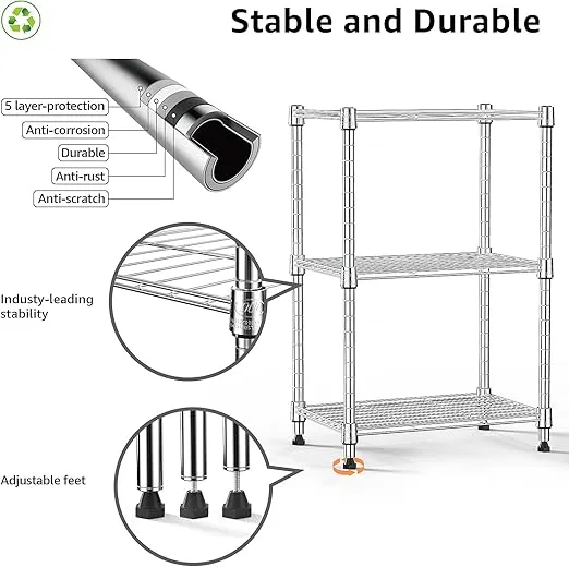MZG 450 lbs Wire Storage Shelving 3-Tier Utility Shelving Unit Steel Organizer Wire Rack for Home,Kitchen,Office,Chrome(11.8" D x 17.7" W x 26.3" H)