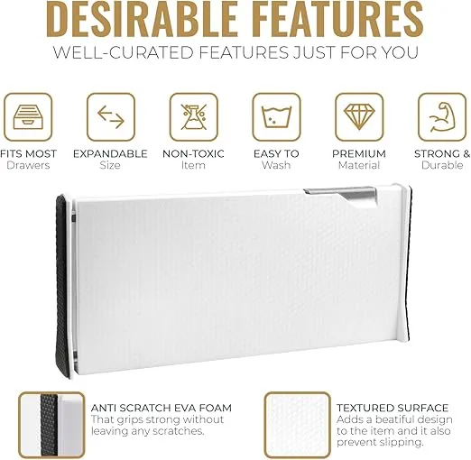 RAPTUROUS Deep Drawer Dividers 8 Pack, 6 Inch Tall, 13-22 Inch Long Expandable, Adjustable Drawer Organizer for Clothing, Dresser, Kitchen, Strong Hold, Soft Foam Edges, White