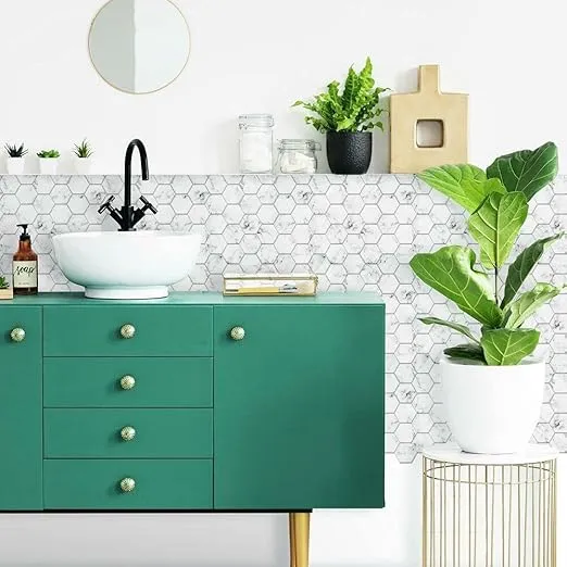 RoomMates TIL4245FLT StickTiles White Carrara Marble Hexagon Peel and Stick Tile Backsplash