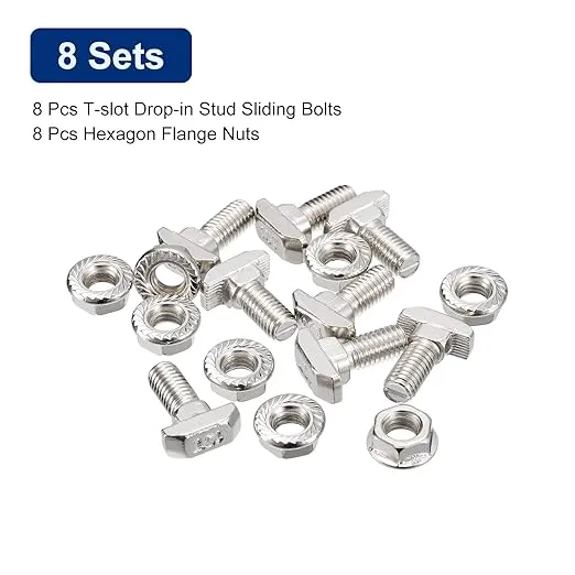 uxcell M8x20mm T Slot Drop-in Bolt and M8 Hexagon Flange Nut Set, 8 Sets Hammer Head T-Bolt T Shape Stud Sliding Screw for 45 Series Aluminum Profile