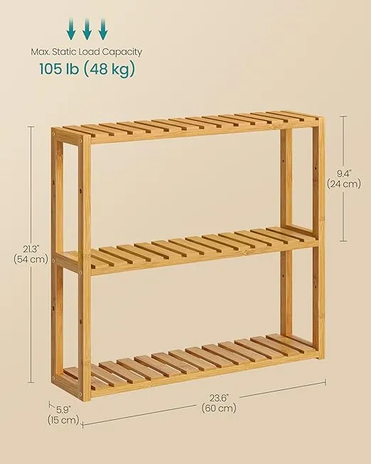 SONGMICS Bamboo Bathroom Shelf, 3-Tier Adjustable Plants Rack, Wall-Mounted or Stand, in the Living Room, Balcony, Kitchen, Natural UBCB13Y