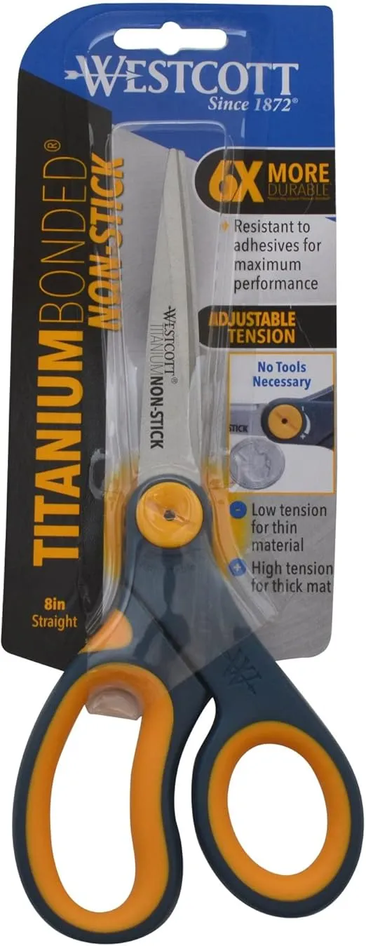 Westcott 8" Straight Titanium Bonded Non-Stick Scissors with Adjustable Glide Feature, Grey/Yellow (14849)