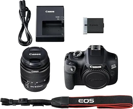 Canon EOS 4000D / Rebel T100 DSLR Camera w/EF-S 18-55mm F/3.5-5.6 Zoom Lens + 64GB Memory, Case, Tripod, Flash, and More (31pc Bundle) (Renewed)