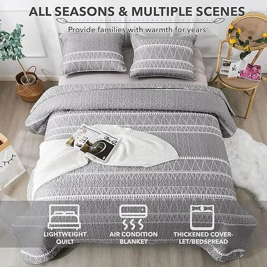 Andency Grey Quilt Set Twin (68x86 Inch), 2 Pieces(1 Striped Triangle Printed Quilt and 1 Pillowcase), Bohemian Summer Lightweight Reversible Microfiber Bedspread Coverlet Sets