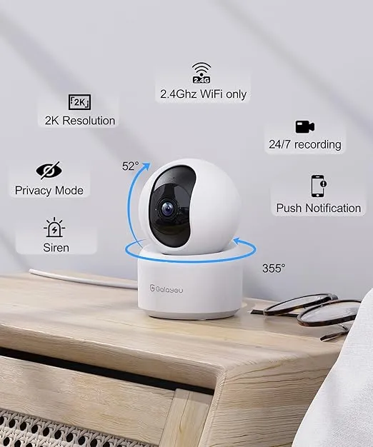 GALAYOU Indoor Security Camera 2K, Pet Camera, 360 Degree WiFi Home Security Camera for Baby/Elder/Nanny with Night Vision, Siren, 24/7 SD Card Storage, Works with Alexa and Google Assistant G2