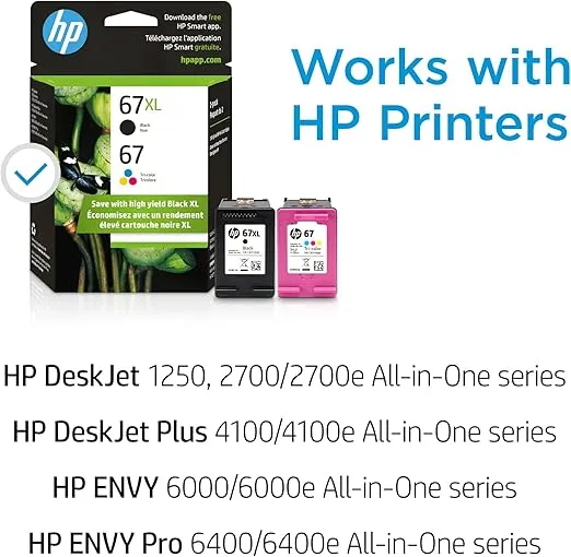 Original HP 67 Tri-color / 67XL Black Ink Cartridges (2-pack) | Works with HP DeskJet 1255, 2700, 4100 Series; HP ENVY 6000, 6400 Series | Eligible for Instant Ink | 3YP30AN