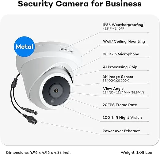 ONWOTE 4K NVR Security Camera System PoE, 16 Channel 12MP Commercial NVR 4TB, 8X Outdoor 8MP Wired IP Cameras, 134° FoV, AI Detection, 24/7 Video Audio Recording, CCTV Surveillance for Home Business