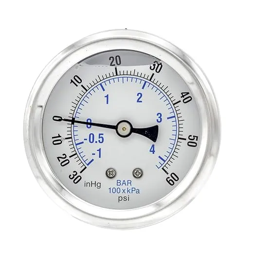 PIC Gauges PRO-202L-254CD Center Back Mount Glycerin Filled Industrial Pressure Gauge w/ SS Case, Brass Internals, Plastic Lens, 2.5" Dial, 30/0/60 psi Range, 1/4" Male NPT