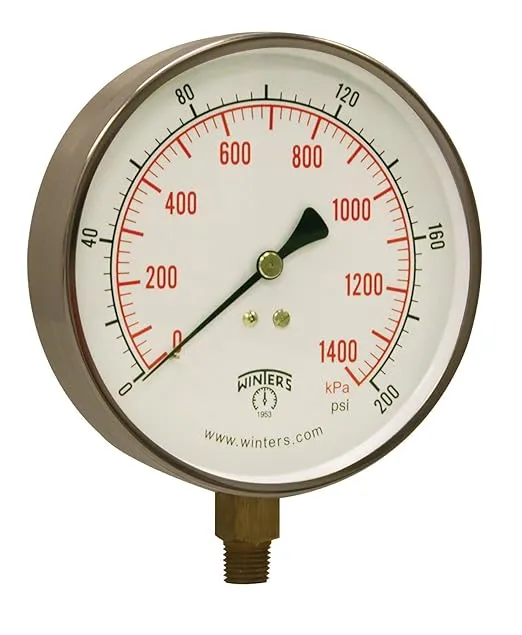 Winters PCT Series Stainless Steel 304 Dual Scale Contractor Pressure Gauge, 0-60 psi/kpa, 4-1/2" Dial Display, +/-1% Accuracy, 1/4" NPT Bottom Mount