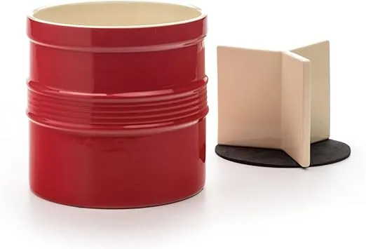 RSVP International Large Ceramic Utensil Holder, Kitchen Tool Crock Includes Removable Divider Allows Tools to Stand Straight, Non-Scratch Bottom to Protect Countertops, 7.5x7, Red