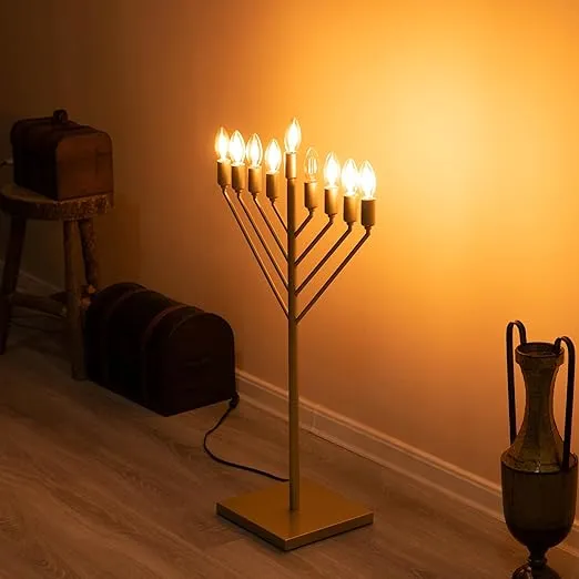 Large Modern Antique Gold Nine Branch Electric Chabad Style Hanukkah Menorah with Flame Shaped LED Bulbs