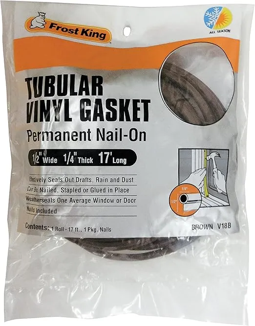 Frost King V18BH Tubular Vinyl Gasket, 1/2in Wide x 1/4in Thick x 17ft Long, Brown, 1/2" x 1/4" x 17'