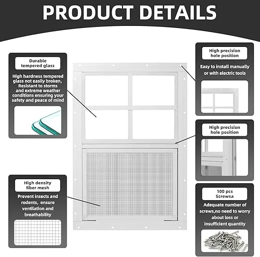 Shed Windows 2 Pack 12" W x 18" H Flush Mount White Window with Tempered Glass and Fiberglass Screen,Sliding Windows with Vertical Slider and Screws for Sheds,Chicken Coop, Playhouse Garbage Room