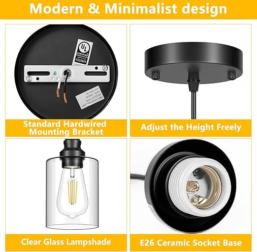 2 Pack Modern Black Pendant Lighting, Clear Glass Shade Pendant Lights Kitchen Island, Hanging Ceiling Light Fixture, Farmhouse Pendant Lighting for Dining Room Bedroom Bar Office
