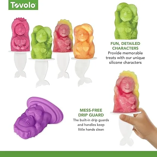 Tovolo Silicone Popsicle Molds with Sticks (Mermaid) - Ice Pop Molds with 4 Cavities for Homemade Flavored Ice Pops & Frozen Snacks - Popsicle Maker with Drip-Guards, Dishwasher Safe & BPA-Free