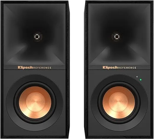 Klipsch Reference R-40PM Powered Bookshelf Speakers - 90-Degree x 90-Degree Tractrix Horn - Linear Travel Suspension - Sleek, Modern Appearance