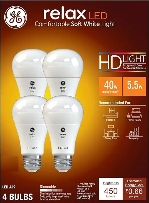 GE Relax LED Light Bulbs, 40 Watt, Soft White, A19 (4 Pack)