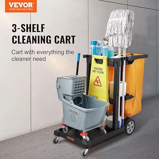 VEVOR Cleaning Cart, 3-Shelf Commercial Janitorial Cart, 200 lbs Capacity Plastic Housekeeping Cart, with 25 Gallon PVC Bag, 47" x 20" x 38.6", Yellow+Black