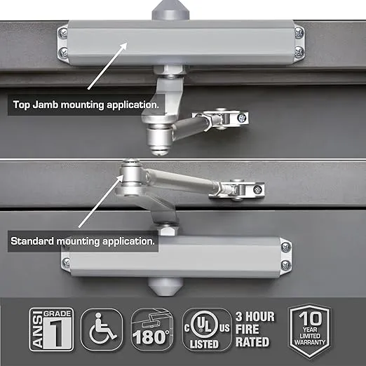 BRINKS Commercial - Heavy Duty Commercial Door Closer, Aluminum Finish - Adjustable from Size 1 to Size 5 with a 180-Degree Opening Range