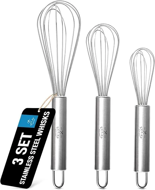 Zulay (3 Pack) Stainless Steel Whisk Set 8" 10" 12" - Sturdy 7 Wire Whisks For Cooking & Baking - Kitchen Utensil Wisk For Blending, Stirring, Whisking, and Beating Eggs, Batter, Sauces & More