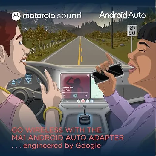 Motorola MA1 Wireless Android Auto Car Adapter - Instant Connection Using Google-Licensed Bridge Technology from Smartphone to Screen - USB Type-A Plug-in - Secure Gel Pad