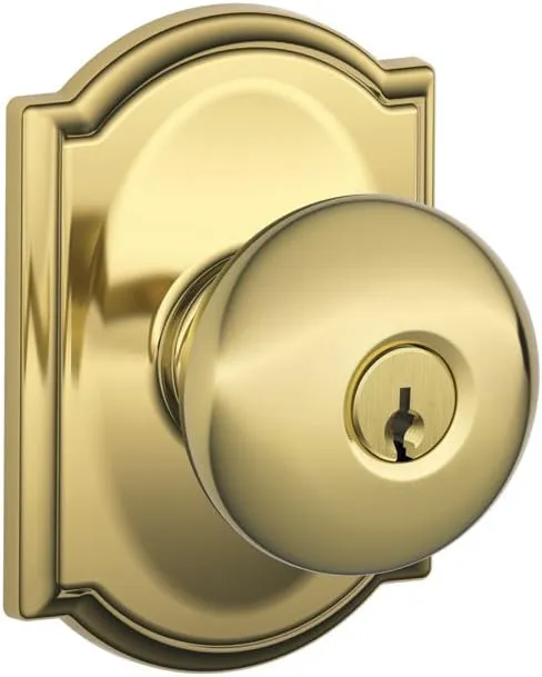 Schlage F51A PLY 605 CAM Plymouth Knob with Camelot Trim Keyed Entry Lock, Bright Brass