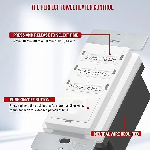 ENERLITES 4-Hour Countdown Timer Switch, 5-10-30-60 Min, 2-4 Hour, for Bathroom Fans, Lights, 120VAC Neutral Wire Required, UL Listed, HET06-W-2PCS, White, 2 Pack