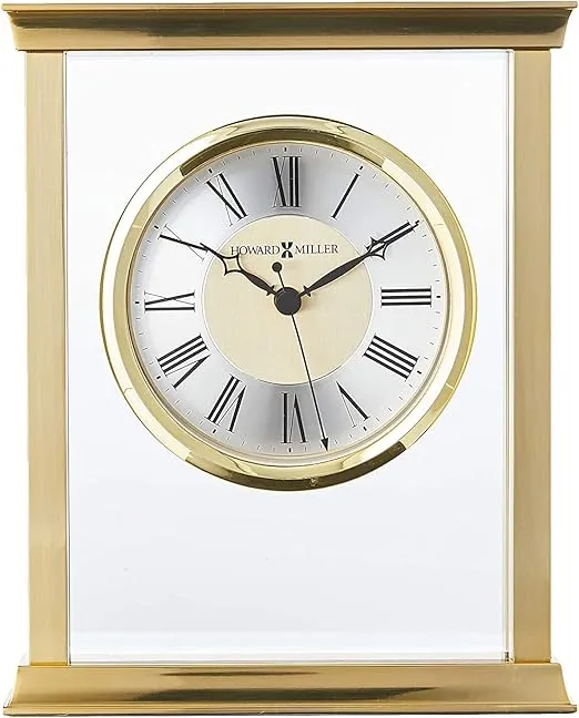 Howard Miller Monticello Table Clock 645-754 – Brass Finished Home Decor, Glass Center Panel, Black Accents, Felt Bottom, Classic Square Timepiece, Quartz Movement