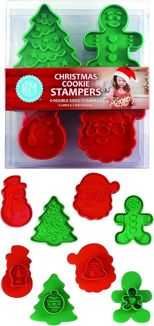 R&M, Christmas Double-Sided Cookie Cutter Stamper Set of 4, Assorted Designs and Sizes, Christmas Tree, Snowman, Santa, Gingerbread Man, Green and Red