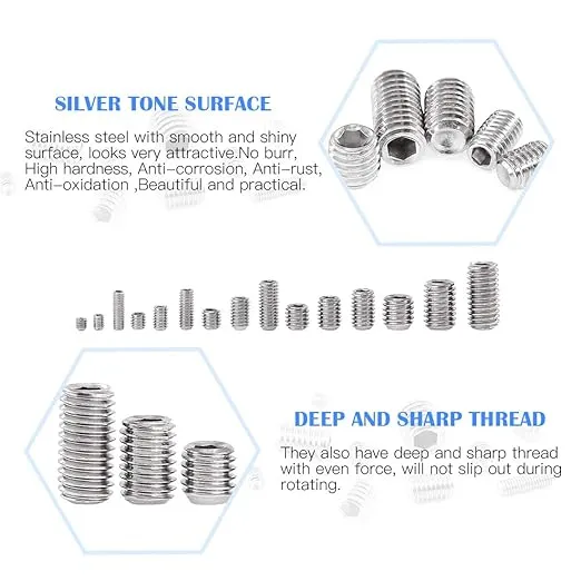 Glarks 420Pcs M3/M4/M5/M6/M8 Allen Head Socket Set Screw, 304 Stainless Steel Internal Hex Drive Grub Screw Assortment Kit