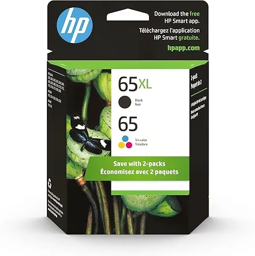 HP Original 65 Tri-Color / 65XL Black Ink Cartridges (2-pk) | Works AMP 100 Series DeskJet 2600, 3700 Series Envy 5000 Series | Eligible for Instant Ink | 6ZD95AN