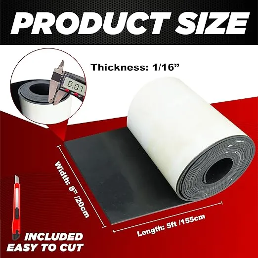 Neoprene Rubber Sheet Roll 1/16" Thick x 8" Wide x 5Ft Long with Adhesive Backing (Including Utility Knife), Heavy Duty Self Rubber Seal Strips Roll for DIY Gaskets, Flooring, Seals