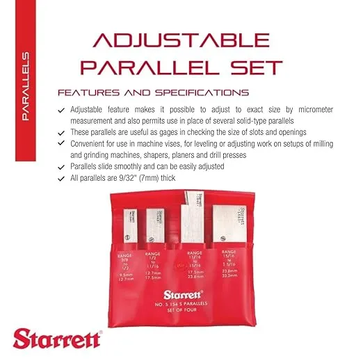 Starrett Adjustable Parallel Set for Layout, Gaging and Inspection Work - Ideal for Professionals and Home Improvement - A, B, C, D Sizes, 9/32 Inch Thickness, 4-Pack - S154SZ