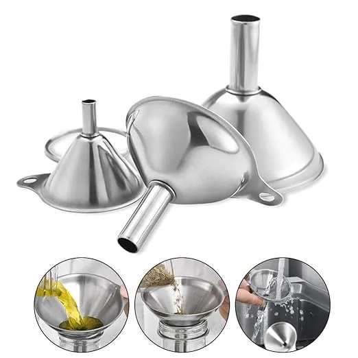 3 in 1 Metal Small Funnels for Filling Bottles Stainless Steel Small Kitchen Funnel Set for Transferring Essential Oils Liquid Fluid Spice Dry Ingredients Powder, Durable and Dishwasher Safe