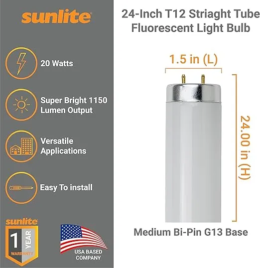 Sunlite 30010 F20T12/CW 24-Inch T12 Straight Tube Fluorescent Lamp, 20 Watts, 1150 Lumens, 4100K Cool White, Medium Bi-Pin G13 Base, 30 Pack
