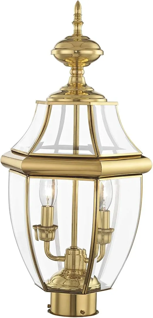 Livex Lighting 2254-02 Monterey 2 Light Outdoor Polished Brass Finish Solid Brass Post Head with Clear Beveled Glass
