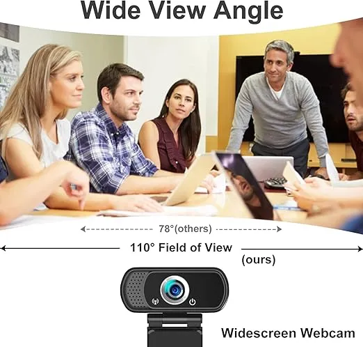 Webcam 1080p, Webcam with Microphone, USB Web Camera 110°Wide View, Plug and Play Computer Camera, Laptop Desktop Webcam for Conferencing Recording,Webcam Tripod and Privacy Cover Include